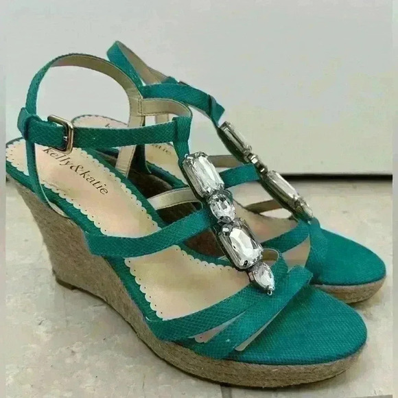 Kelly & Katie Wedge Jeweled Shoes Teal Green Size 8 - Picture 2 of 6